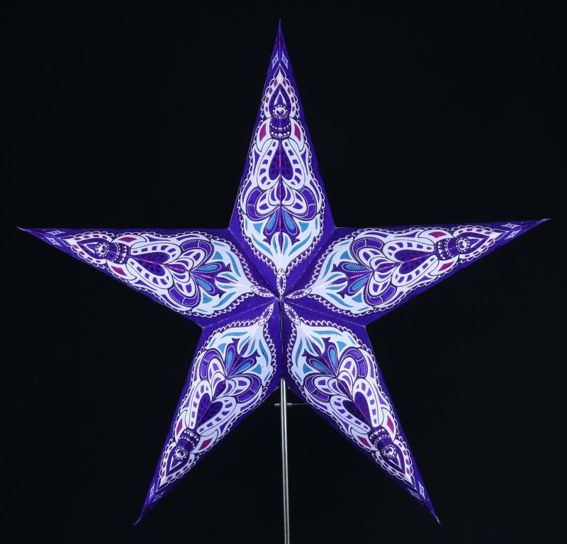 SUMITA lila/Glitter - Faltbarer Leuchtstern, Weihnachtsstern aus Papier mit 5 Zacken, 60 cm